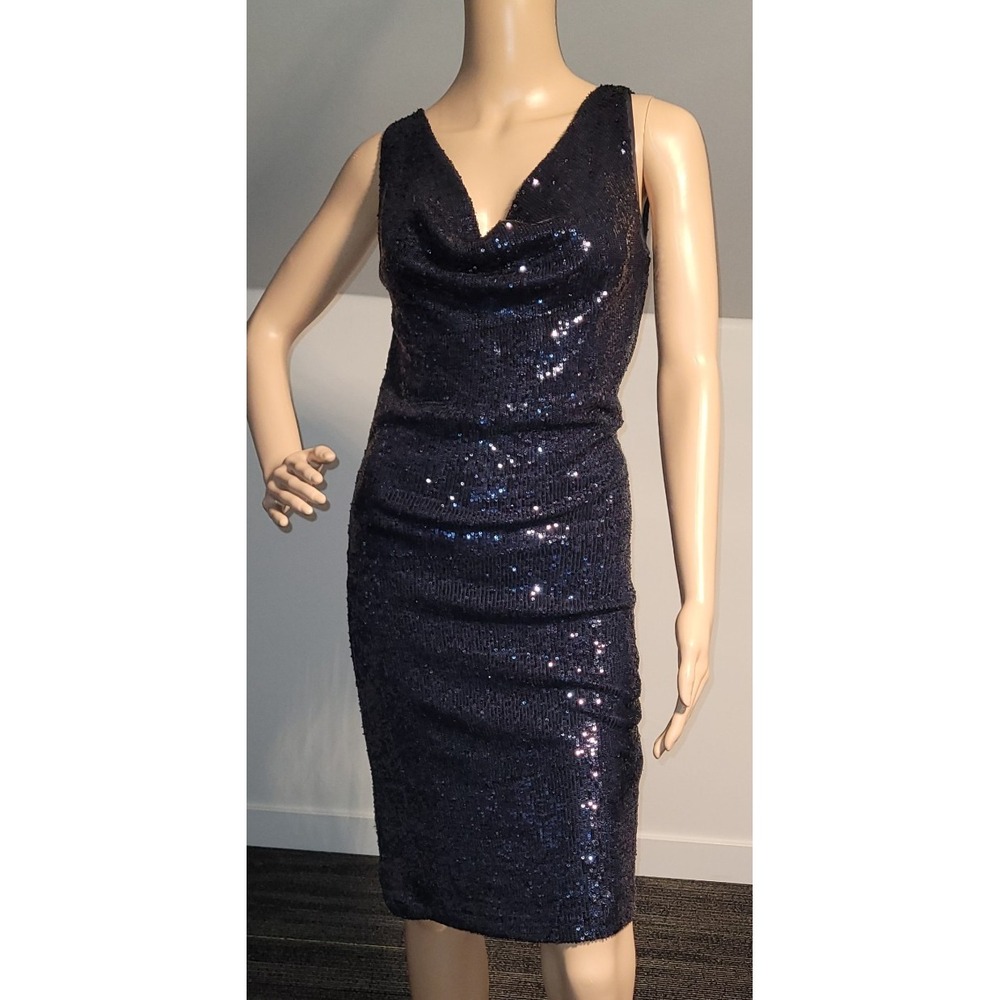 LE CHATEAU Ladies Navy Blue LIned Sequin Dress‎ Elegant Party Small Sleeveless